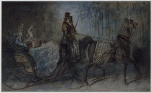 Femmes élégantes dans une calèche tirée par des chevaux